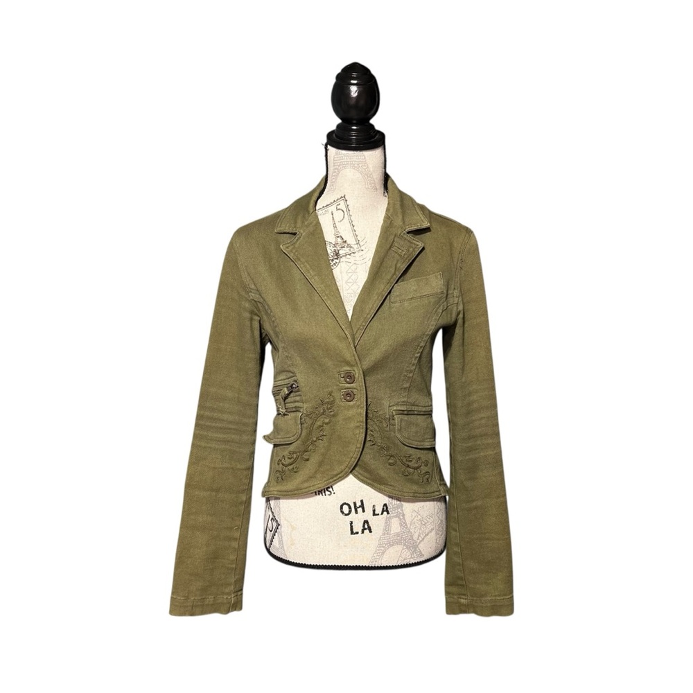 Stradivarius Olive Green Embroidered Jean Blazer Jacket‎